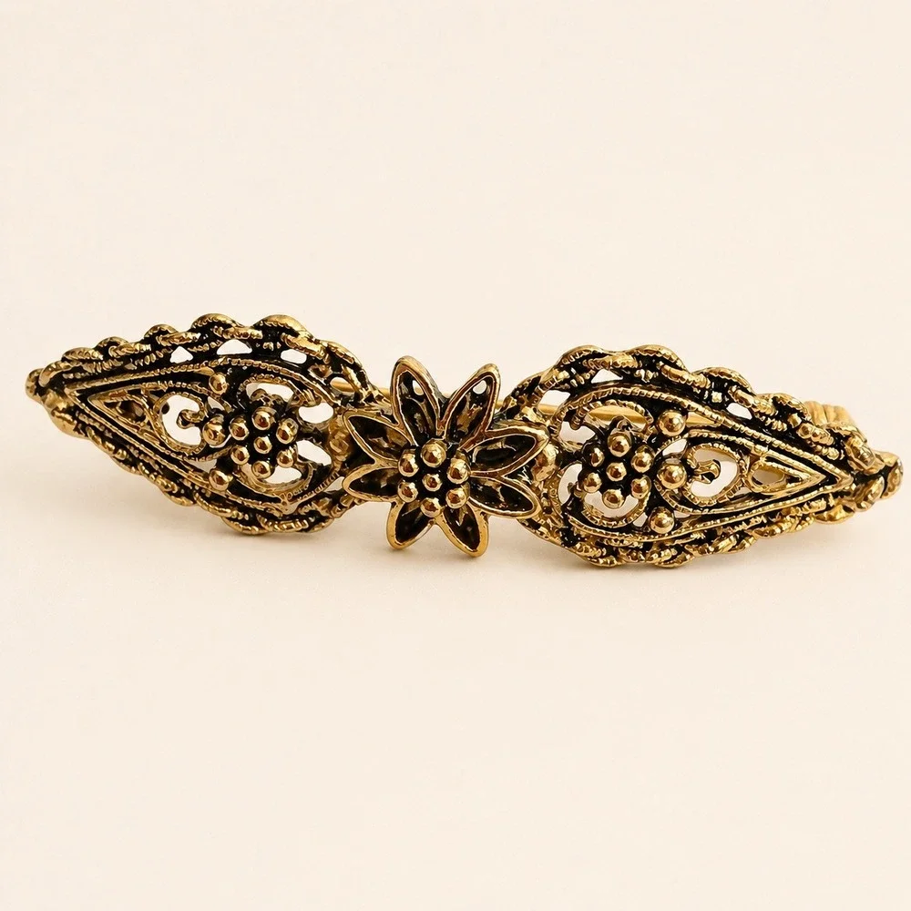 Vintage Gold‎ Tone Filigree Bar Openwork Flower Pin Brooch